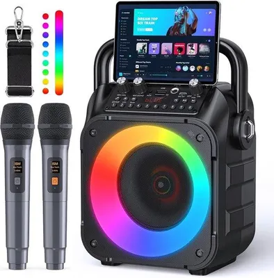 Zdjęcie produktu dla Urządzenie do karaoke z dwoma bezprzewodowymi mikrofonami - przenośny głośnik Bluetooth - oświetlenie LED