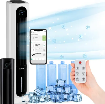 Image de Klarstein Polar Tower Smart Rafraîchisseur d'Air – 4-en-1 Ventilateur, Humidificateur & Purificateur, WiFi & Alexa, 7L Réservoir, 3 306 m³/h, Silencieux, Minuterie, Mobile, Blanc