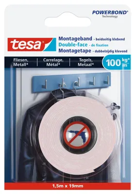 Imagen del producto de tesa Powerbond: Cinta adhesiva para la instalación de baldosas/metal, 19 mm x 1,5 m