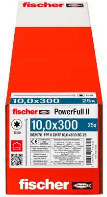 Produktbild von fischer Vollgewindeschraube PowerFull II CHTF 10,0 x 300 BC 25 Zylinderkopf mit Innenstern TX Vollgewinde galvanisch verzinkt, blau passiviert, 25 Stück