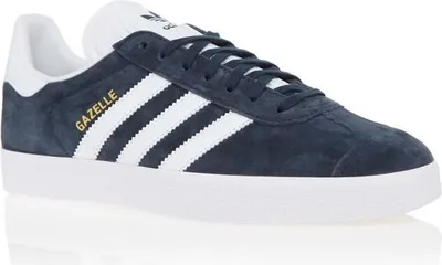 A studio shot of a navy blue Adidas Gazelle sneaker with white stripes and a white sole.