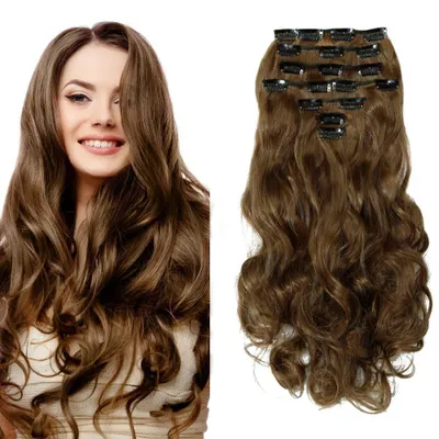 Imagen del producto de Extensiones de cabello clip-on, color castaño claro, onduladas, de 24 pulgadas