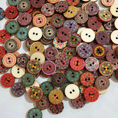 Produktbild von 50x KNÖPFE Retro Indisch Bunt Bastelknöpfe Knopfmischung Vintage Holzknöpfe 20mm NEU