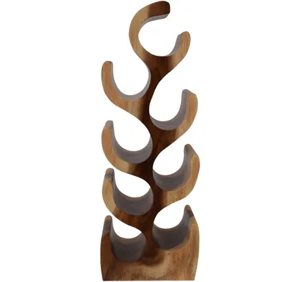 A wooden wine rack with curved slots for bottles, shown against a white background.