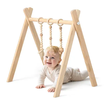 Produktbild von COSTWAY Baby Spielbogen Holz, Spieltrapez klappbar, Baby Gym mit 3 abnehmbaren Kinderspielzeugen, Spieltrapez für Babys über 3 Monate, Holzspielzeug zur Gehirnentwicklung (Natur)