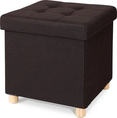 A brown storage ottoman with a tufted lid and wooden legs, shown from a three-quarter angle on a white background.