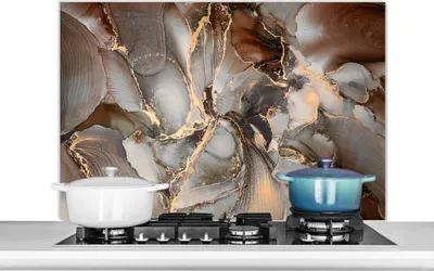Produktbild von KitchenYeah®  Spritzschutz Küche - Küchenrückwand - Wandschutz für Herd und Spüle - Grau - Gold - Marmor - Marmoroptik 100x65 - Alu-Dibond (Alternative zum Spritzschutz aus Glas) - Hitzebeständig - He