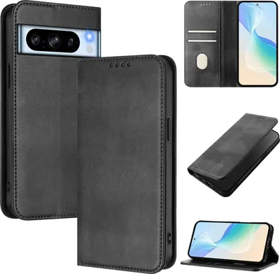 Produktbild von Handyhülle für Google Pixel 8 Pro, Vintage Leder RFID Schutz Kartenfach Standfunktion Magnetische Klapphülle Schwarz