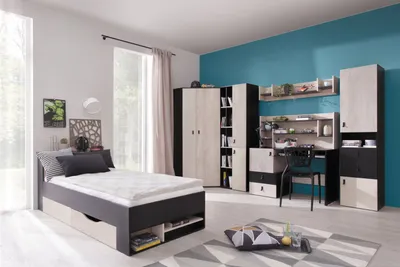 Produktbild von Jugendzimmer Kinderzimmer Komplett - Set D "Aalst", 7-teilig, Eiche / Creme / Schwarz