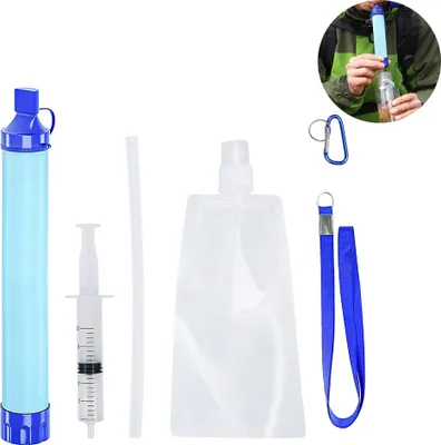 A collection of survival water filter components laid out on a white background.