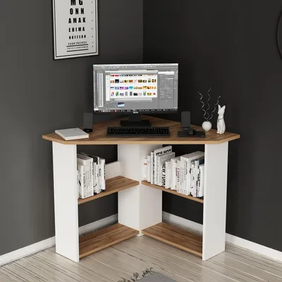 Image de Bureau d'angle en L HOMIDEA – Bureau moderne avec étagères pour le bureau, l'espace de travail et le télétravail (noyer/blanc)
