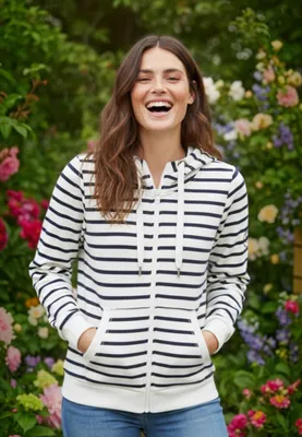 Produktbild von Salzhaut Damen Hoodie Kapuzensweatjacke Sööte geringelt - Sweatjacke mit Kapuze Gestreift in Navy-Offwhite Größe S