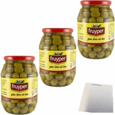 Produktbild von Fruyper grüne Oliven mit Stein nach Anschovis Aroma pasteurisiert 3er Pack (3x1025g Glas) + usy Block