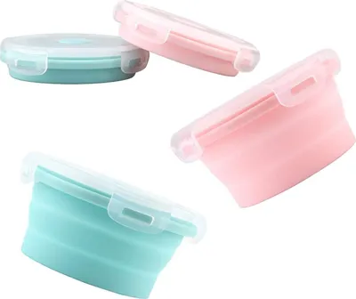Produktbild von 2 Stück Zusammenklappbare Hundenapf 350ml Silikon Futter Wasser Reiseschale Mit Deckel Tragbare Haustier Fütterung Gießbecher und Untertasse für Zwinger Camping (12x12x3cm) (Pink,Blau)…