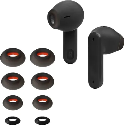 A set of black wireless earbuds and multiple black silicone ear tips with orange inner rings are arranged on a white background.