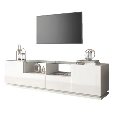 Produktbild von Hochglänzender TV-Schrank mit Glasböden, zwei Schubladen und zwei Türen, Lowboard mit mehrfarbigen LED-Lichteffekten