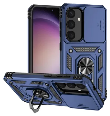 Immagine prodotto di Custodia per Samsung Galaxy S25+ a doppio strato con copertura scorrevole della fotocamera e supporto ad anello blu