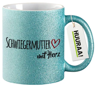 Produktbild von Huuraa Glitzertasse Schwiegermutter mit Herz 330ml Blau Keramik Kaffeebecher Geschenkidee