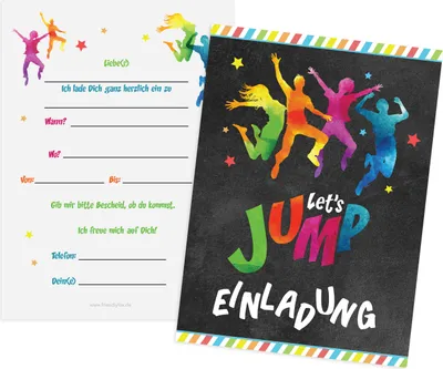 Produktbild von Friendly Fox Jump Party Einladung - 12 Trampolin Einladungskarten zum Geburtstag Junge Mädchen Teenager - Einladungskarten Kindergeburtstag - Jump Park Party - Trampolin Kinder (bunt)