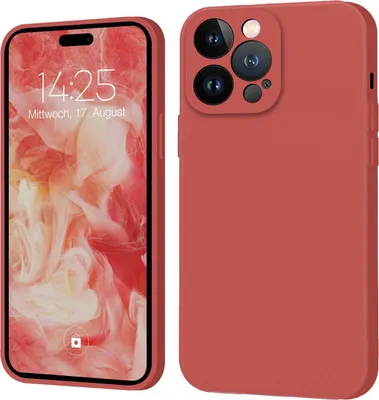 A product shot of a red phone case next to a phone displaying a lock screen.