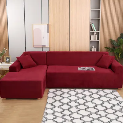 Produktbild von (Weinrot) L-förmiger Sofabezug, 2-teilige Plüschverdickung, elastische Sofabezüge, Schnittsofa, L-förmiger Sofa-Möbelschutz für Kinder und Haustiere