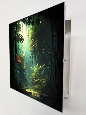 Produktbild von Schlüsselkasten Weiß Metall, Dschungel Urwald Motiv hinter Glas, Moderne Schlüsselbox linksöffnend, 32x28x6,5 cm, 20 Haken für Ordnung im Flur.