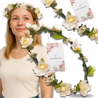 Produktbild von EDIBAZZAR | Weißer Kranz Stirnband Blumen Rosen Boho Stil
