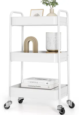 Productafbeelding van Metalen keukentrolley met 3 niveaus en wielen – Serveertrolley en multifunctionele trolley voor keuken, badkamer en kantoor – Zonder schroeven, eenvoudige montage (wit)