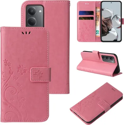 Produktbild von Handyhülle für Xiaomi Redmi 15 / 15 5G Floral Blumen Schmetterling Flip Cover Hülle Case Klapphülle Handytasche Farbe: Rosegold