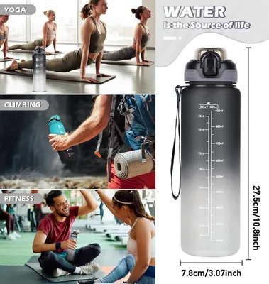 Produktbild von Trinkflasche mit Strohhalm 1L - Auslaufsicher, Spülmaschinenfest und Zeitmarkierung für Hydratation - Ideal für Sport, Fitness und Schule