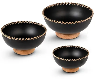 Produktbild von Set mit 3 Metallzentren mit Holzsockel in Schwarz und Natur, Ø 20 x 9 cm, Ø 18 x 9 cm, Ø 15 x 9 cm