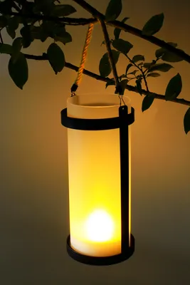 Produktbild von Solar Laterne Windlicht aus Glas mit Metallgehäuse Tischlampe für außen, schwarz, Hängend/Stehend 30,5 cm hoch, 14 cm Durchmesser, mit Flammeneffekt