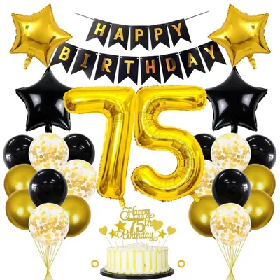 Immagine prodotto di Decorazioni per il 75° compleanno, nero e oro, set da 32 pezzi: palloncini, ghirlanda, striscione, decorazioni per torta