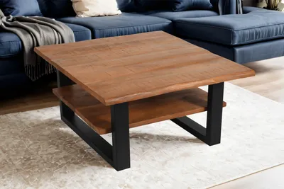 Produktbild von Couchtisch Baumkante massiv Mangoholz honigfarben 90x90 cm schwarz PATRICK