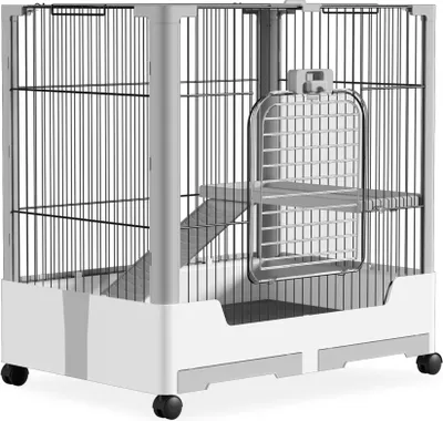 Produktbild von JOIEYOU Kaninchenstall Innen Draußen Kaninchenkäfig Hasenkäfig mit Offenem Dach, Sicherheitsschlösser, Leiter und Schubladen Kleintierkäfig Hasenstall Kaninchenhaus, Einzelschicht