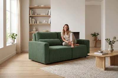 Produktbild von Schlafsofa KOMO Apollo – mit Schlaffunktion, Cord in Dunkelgrün, Family Meble, KI-generiertes Bild