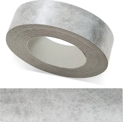 A roll of edge banding tape with a concrete stone pattern and a separate strip showing the pattern.
