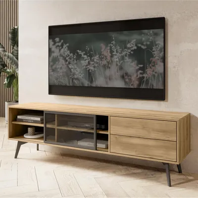 Obrázek produktu pro Komoda, TV skříňka Estevan - Zlatý dub - Prosklená - 2 zásuvky - Šířka 180 cm, výška 54 cm, hloubka 39 cm