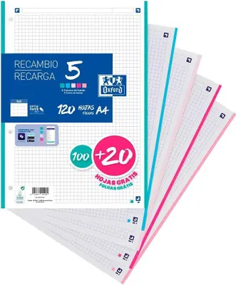 Image de Oxford Recambio 5, Couleurs mélangées, 120 feuilles, Papier quadrillé, A4, 90 g/m²