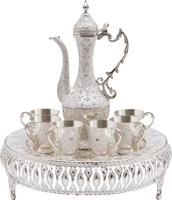 Produktbild von Teekanne Set mit 6 Teetassen Teetablett exquisites Teeservice Nachmittagstee Dekoration (Silberweiß)