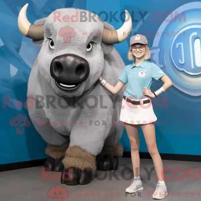 Zdjęcie produktu dla Maskotfigur REDBROKOLY av en grå bøffel kledd med et miniskjørt i smartklokker