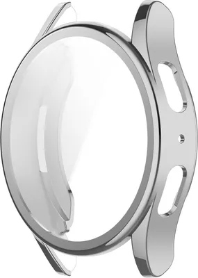 A silver and clear watch case is shown against a white background.
