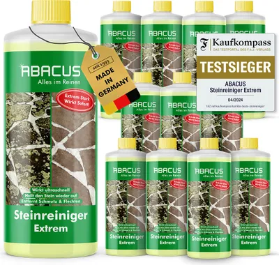 Produktbild von ABACUS® Steinreiniger Extrem, intensiver Steinreiniger für außen mit Sofortwirkung, entfernt sofort Schmutz, Grünbelag & Flechten auf Steinen 12x 1L