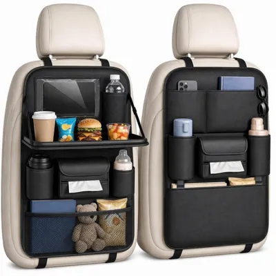 Produktbild von Autositz Organizer 2er Set Schwarz mit Tisch Rückenlehnenschutz 61x42 cm Kunstleder