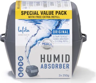 Produktbild von 1x Lafita Luftentfeuchter 250 Gramm - Behälter mit 2 Nachfüllungen - Duftneutral - Perlen - absorbiert bis zu 50% mehr Feuchtigkeit