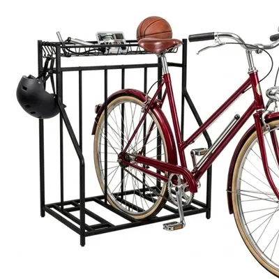 Produktbild von Relaxdays Fahrradständer Boden, 3 Fahrräder, flexible Reifenbreite, Korb & 6 Haken, Mehrfachständer verstellbar, schwarz