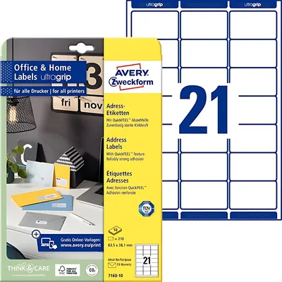 Zdjęcie produktu dla AVERY Zweckform 7160-10 210 Adressetiketten weiß 63,5 x 38,1 mm(S)