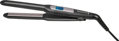 A black Remington hair straightener with a digital display is shown against a white background.