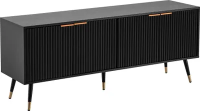 Lowboard Schwarz Eiche-Dekor in Gesamtansicht mit vertikalen Lamellenfronten und Metallbeinen.