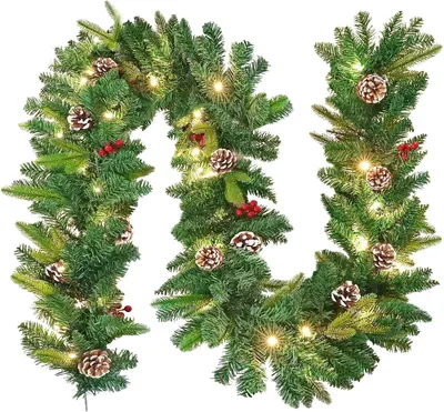 Image de Guirlande de Noël artificielle LARS360, 500 cm, avec LED, guirlande de sapin avec effet neige, cônes de pin et baies rouges, décoration de Noël pour porte, mur et cheminée